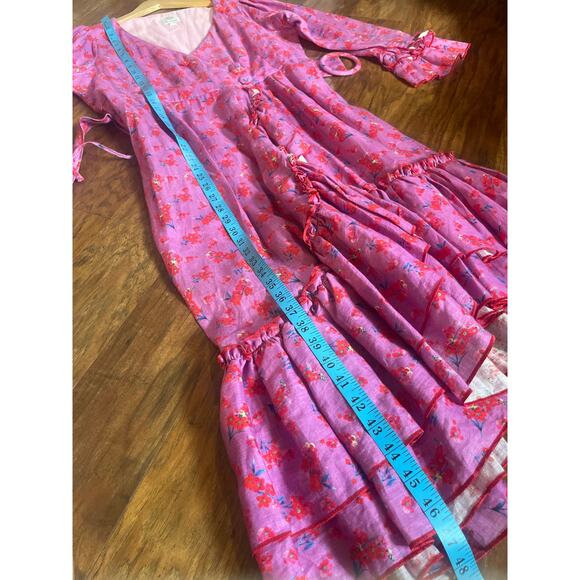 GUL HURGEL Printed Linen Midi Wrap Dress Belted Floral Ruffle Size Medium M - Picture 9 of 10